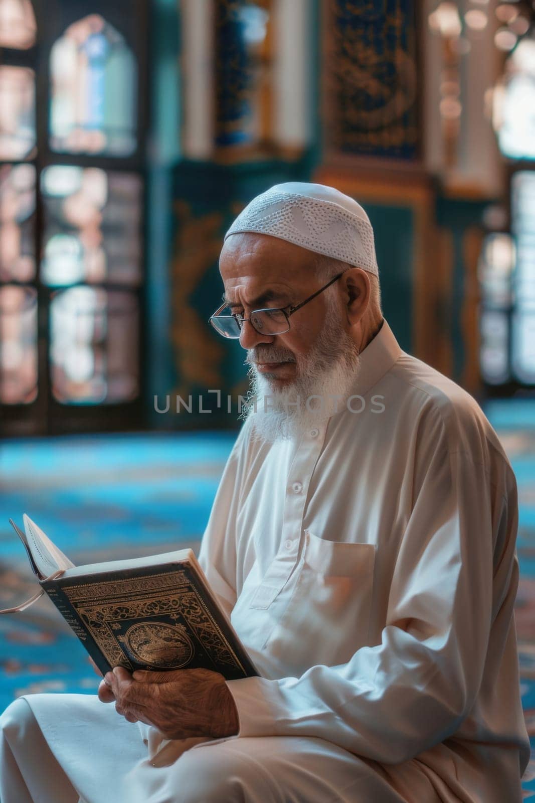 Elderly man reading inside mosque with warm light, creating a peaceful atmosphere, AI Generated