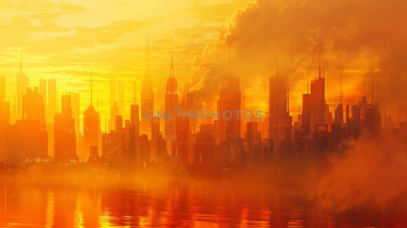Futuristic city skyline with skyscrapers among orange clouds, sandstorm concept, background, AI Generated