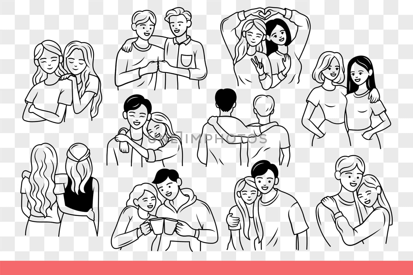 Love and friendship are demonstrated by couples of people building heterosexual or homosexual relationships. Men and women hug on dates, thanks to strong friendship and sincere sympathy. Hand drawn.