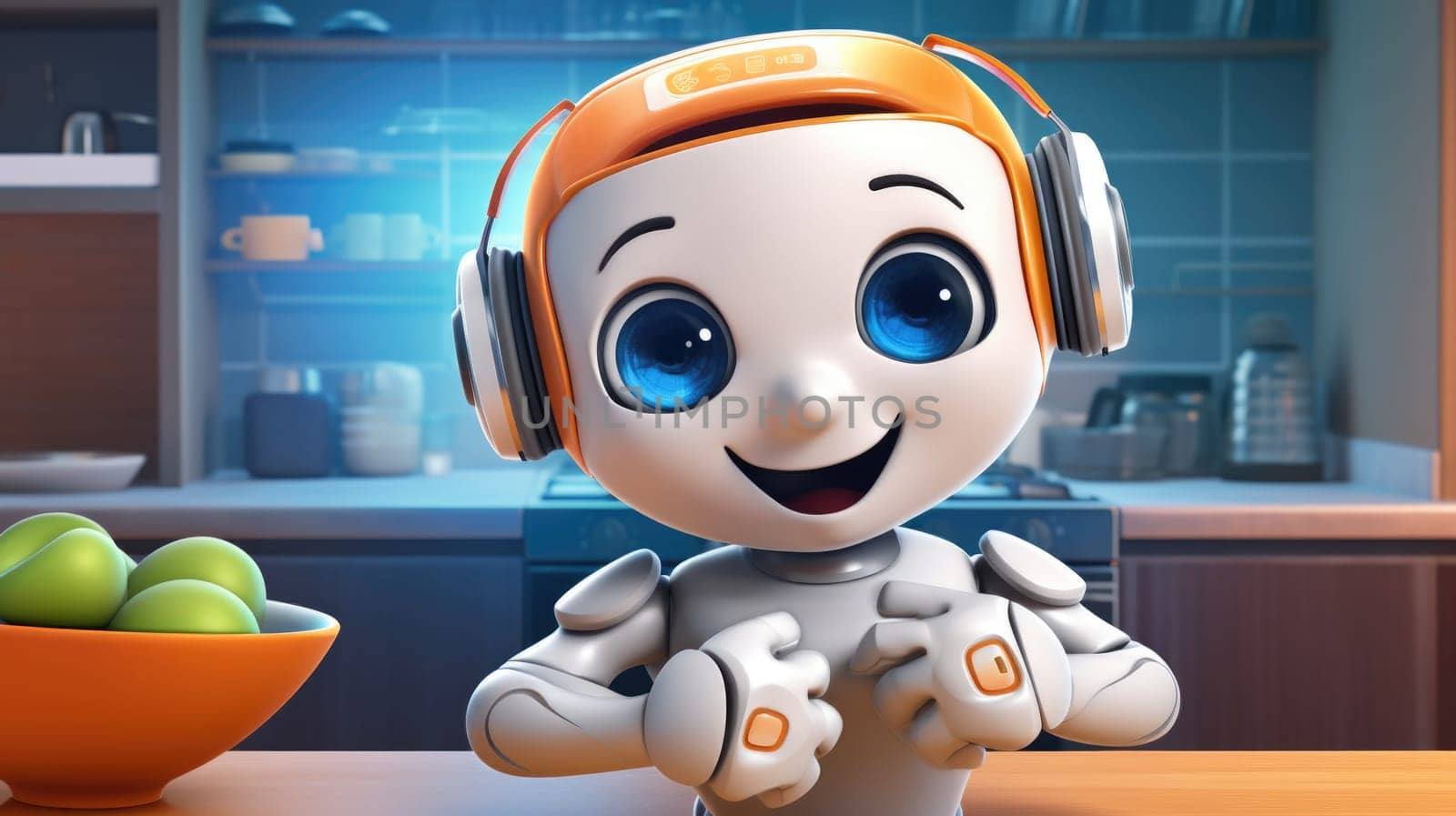 Cute robot with headphones cooking in modern kitchen, futuristic technology concept, AI generated