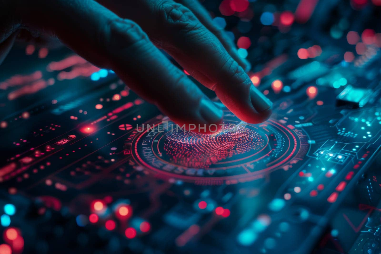 Finger touching digital fingerprint scanner on glowing virtual keyboard, identification concept, AI Generated
