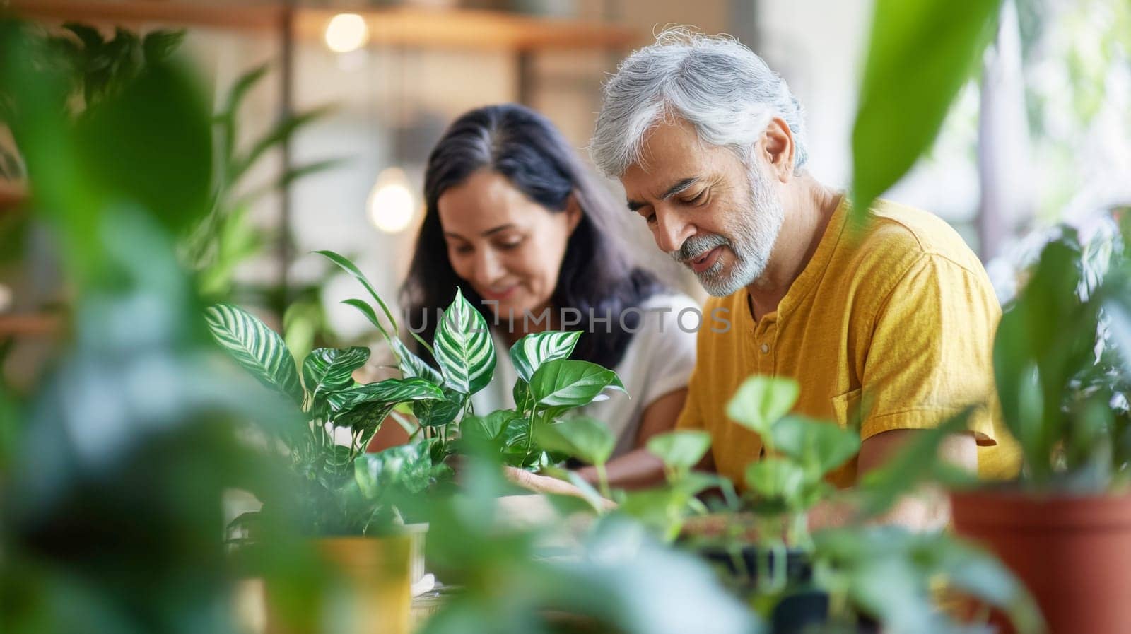 Couple caring houseplants at home. Multiracial mature man and woman with green plants. AI Generated
