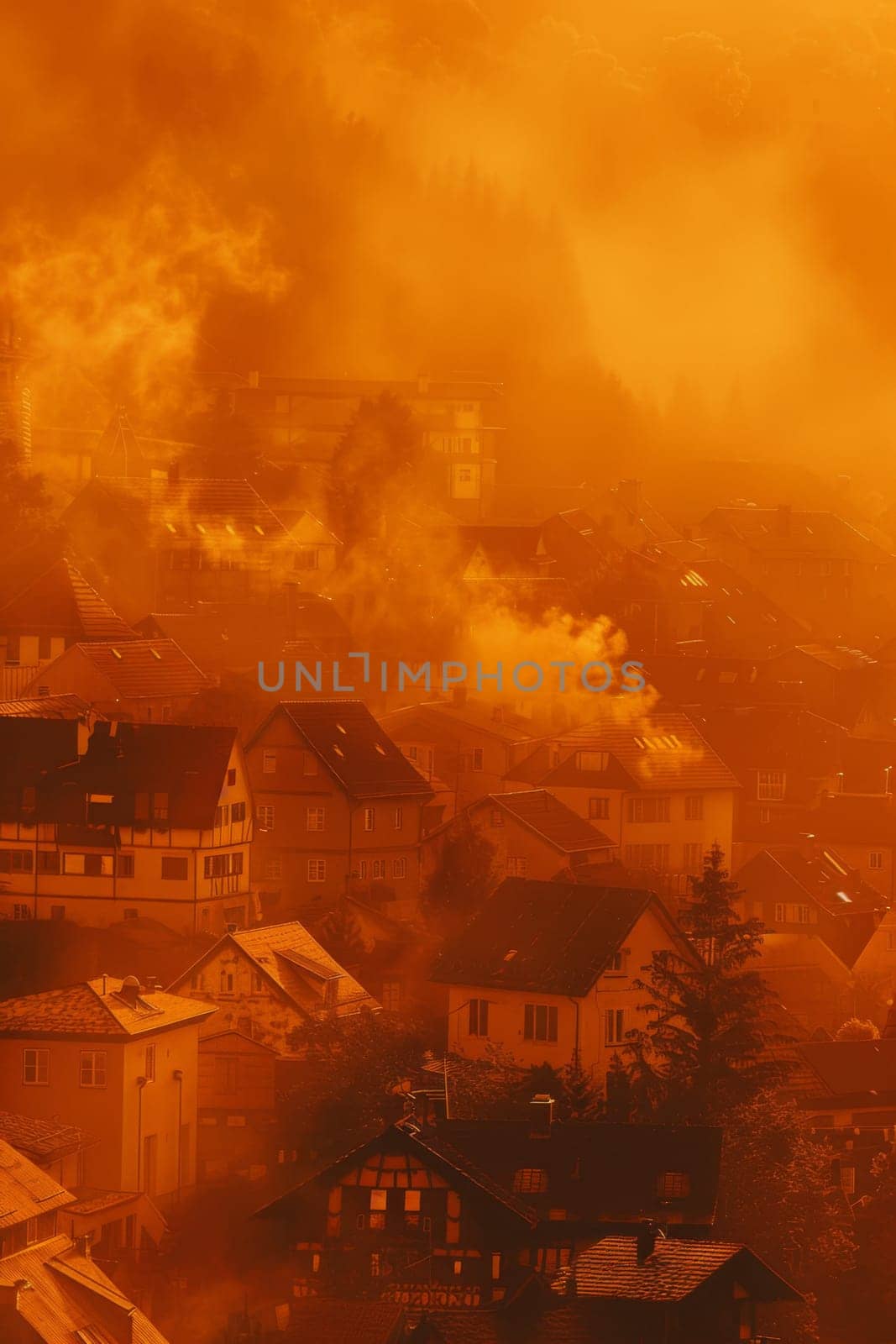 Misty village landscape with medieval architecture covered in thick orange fog, background, AI Generated