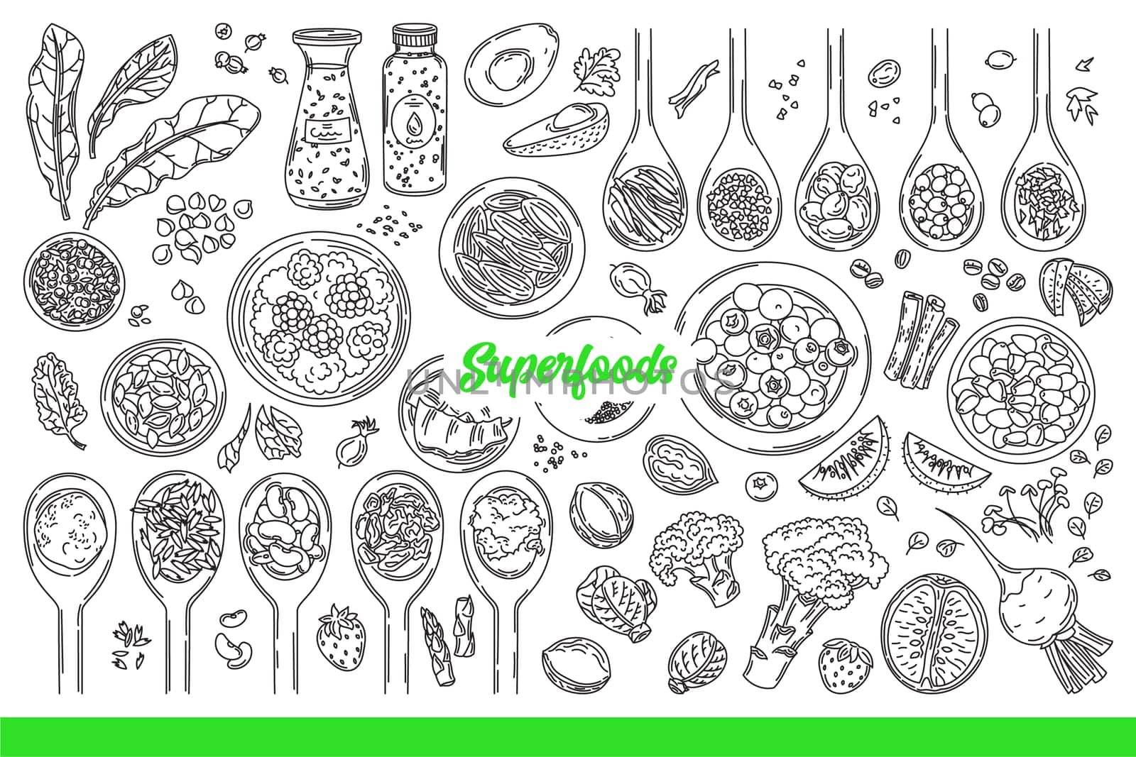 Superfoods for better health, thanks to organic grains or fruits and vegetables. Superfoods inscription near wooden spoons and plates filled with healthy breakfasts and snacks. Hand drawn.