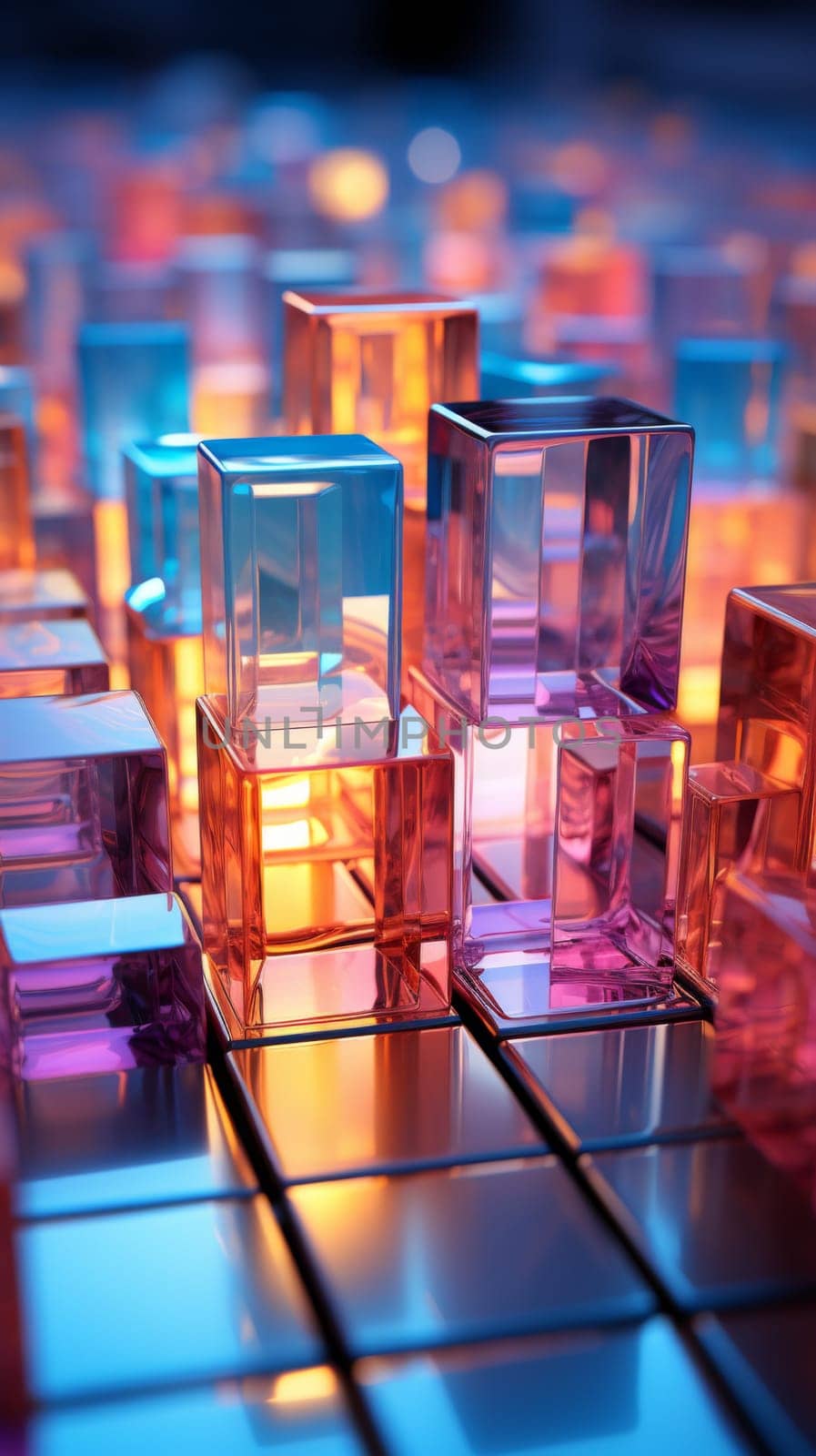 Abstract background of reflective neon purple, blue and orange glass cubes with copy space, AI generated
