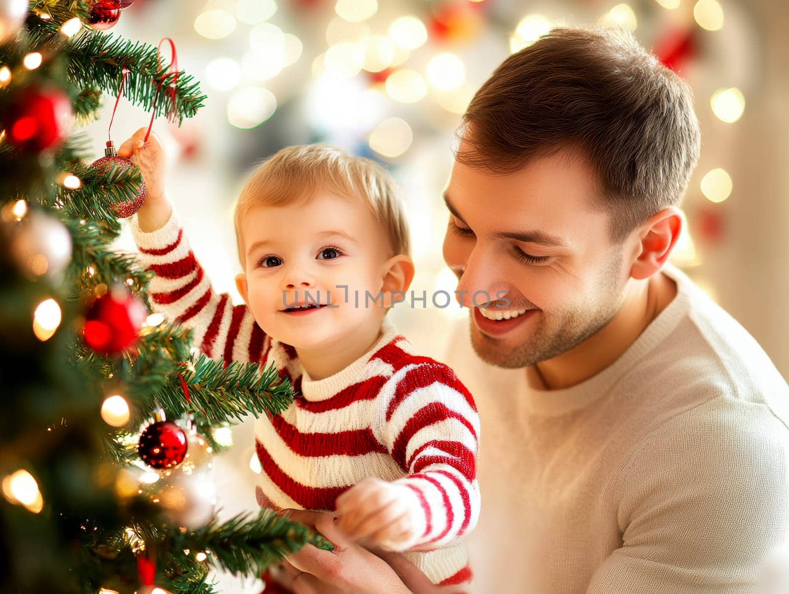 Dad and son decorating the Christmas tree . AI generative.