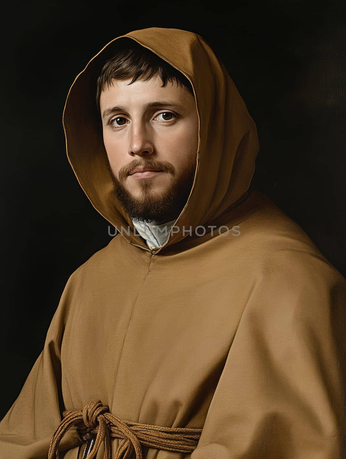 st Francis of Assisi, young man, monk, beard, brown clothing, AI generative.