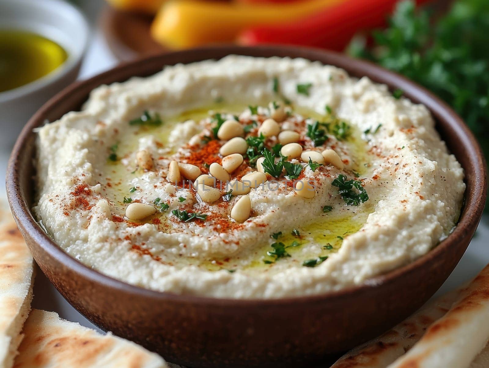 roasted garlic hummus served in bowl topped with paprika, flat parsely and roasted pine . AI generative.