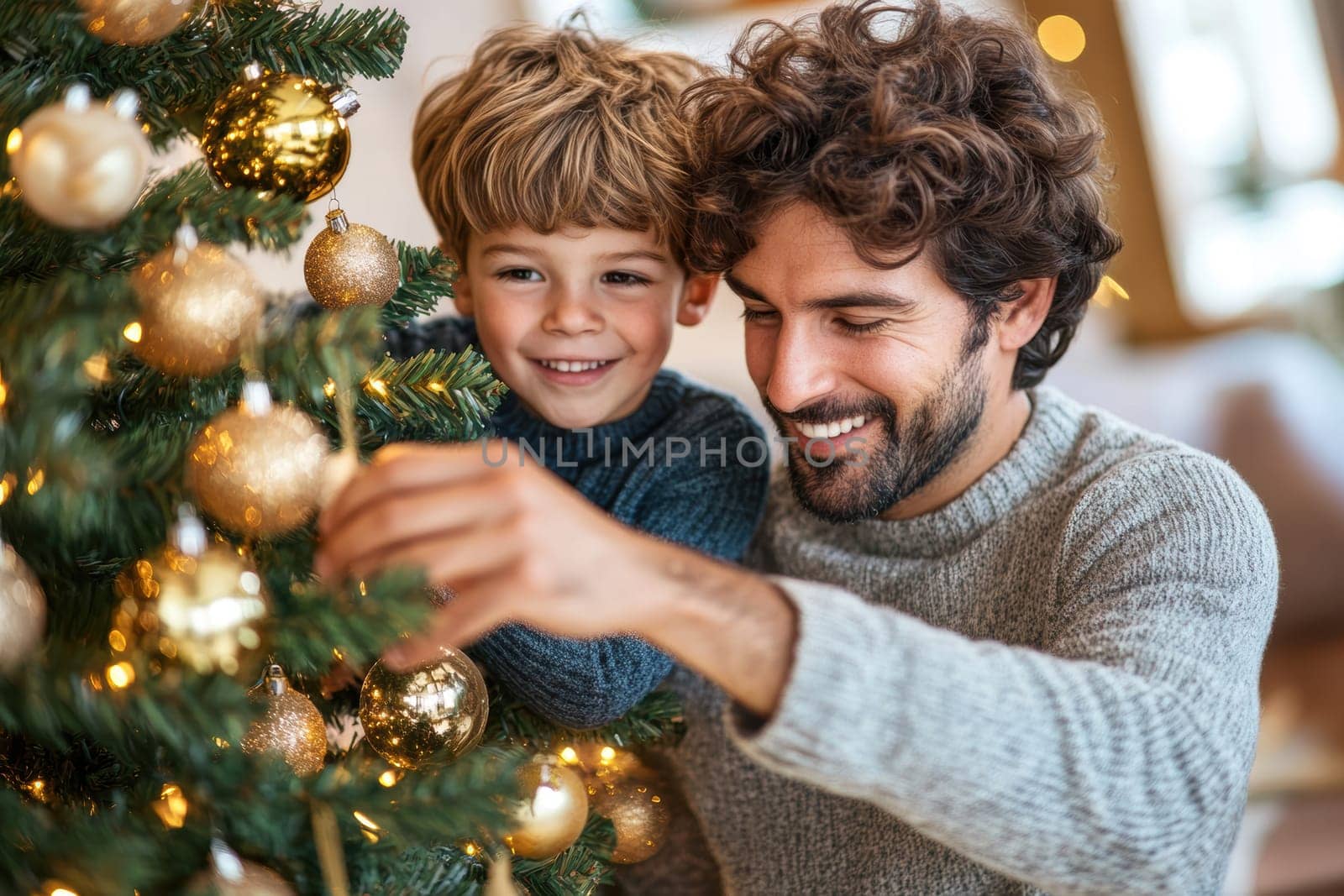 Dad and son decorating the Christmas tree . AI generative.