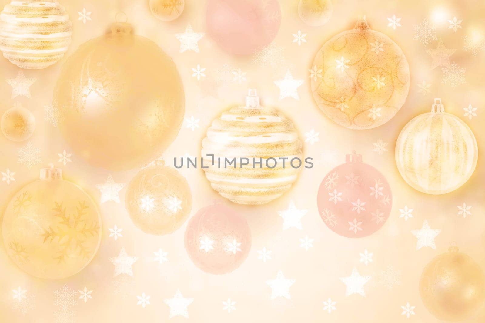 Abstract blurred festive winter christmas or Happy New Year background with shiny gold yellow bokeh lighted xmas balls and stars. Space for your design. Card concept.
