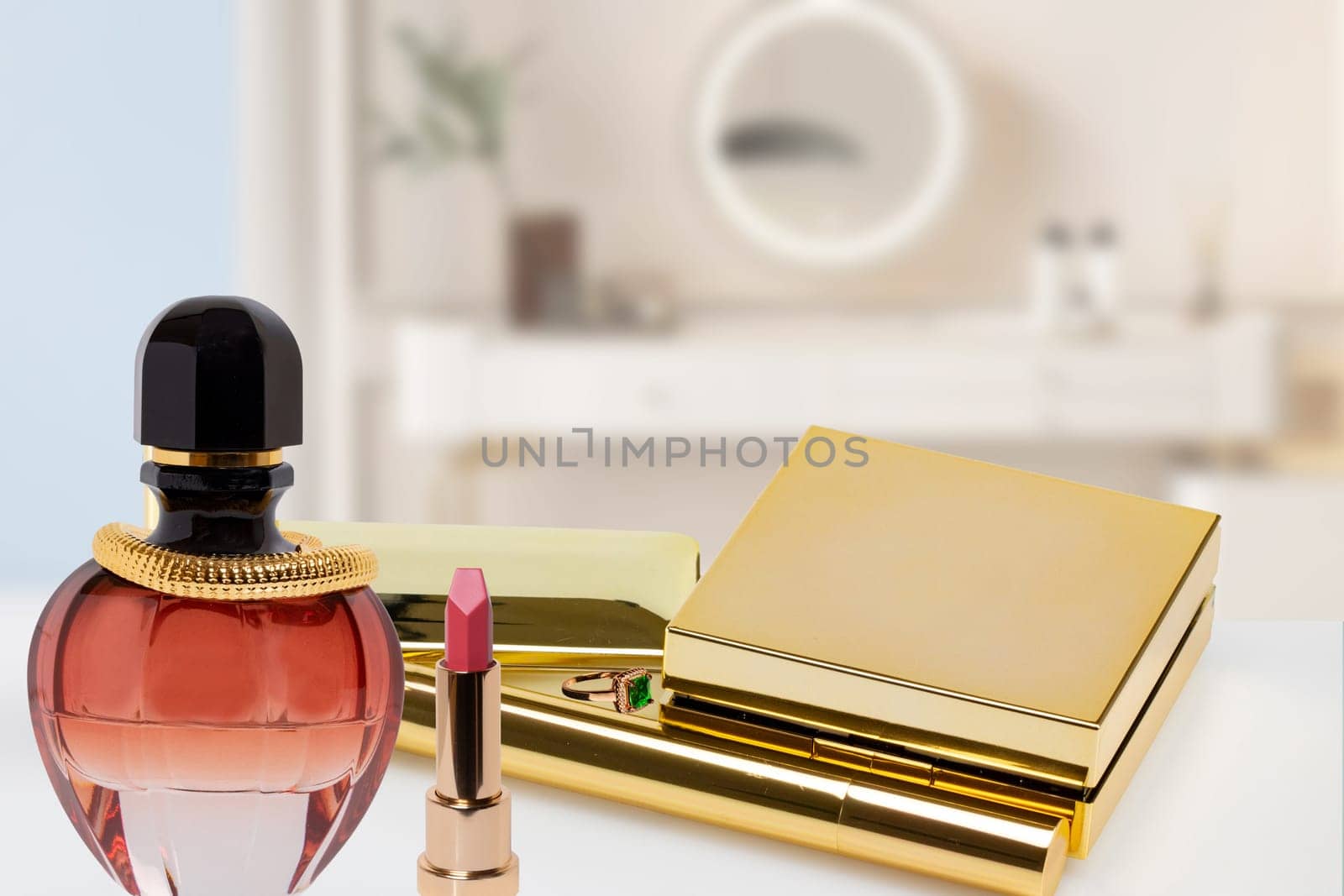 Cosmetic branding, blank label, sale, spa and gold luxury beauty style. Decorative composition of various beauty and makeup products. Space. Happy Valentines or Mothers Day template.