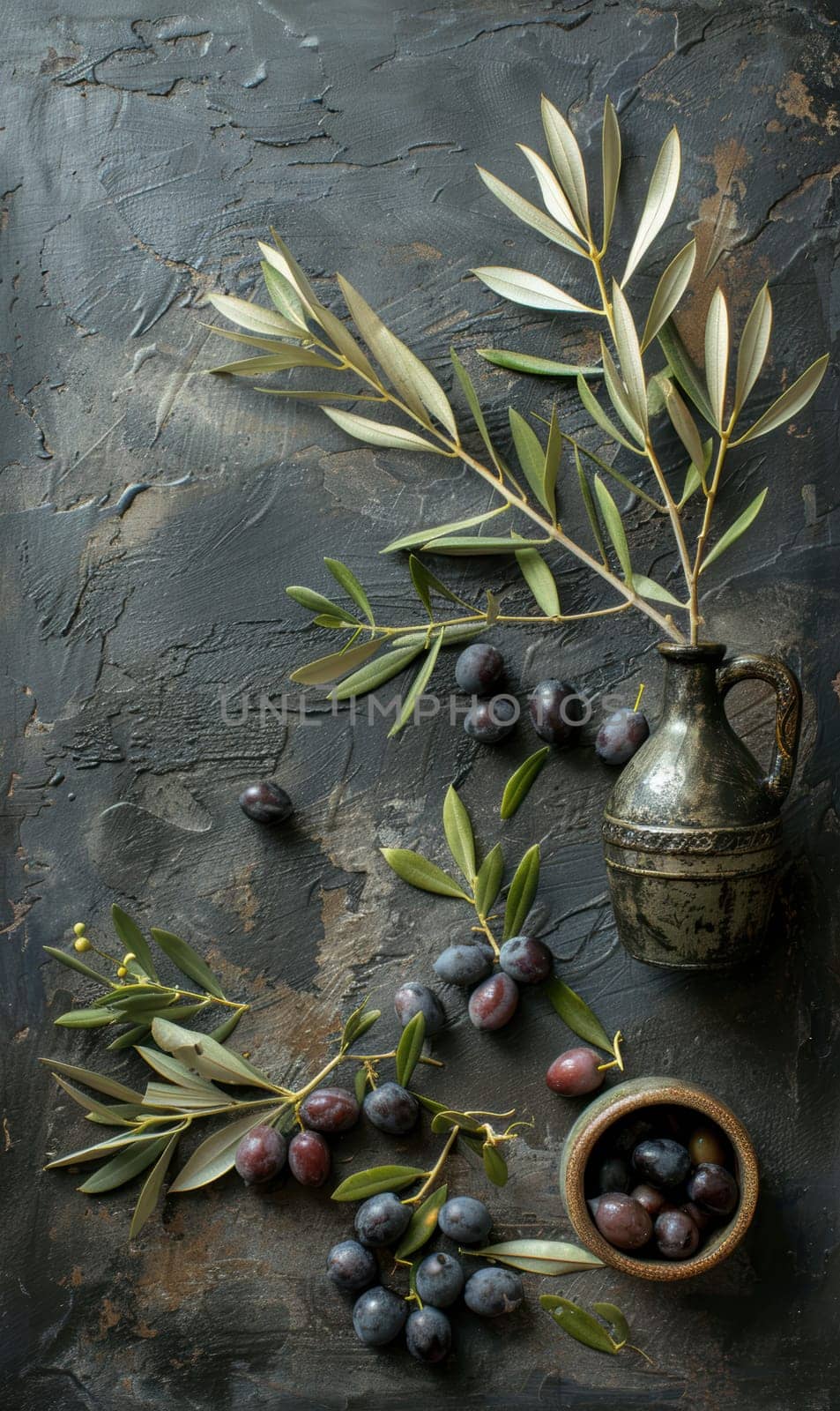 Olive oil, olives and olive branches. AI generative.