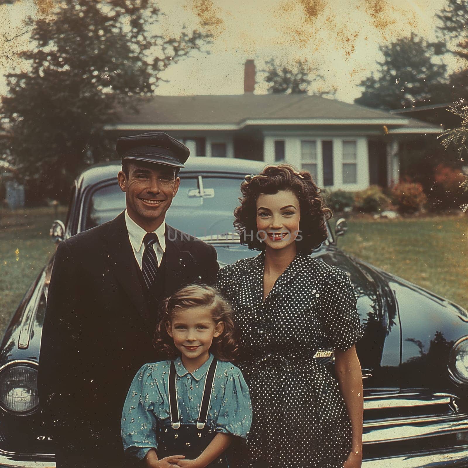 Vintage photo of an American family from the 1940s, 1950s
