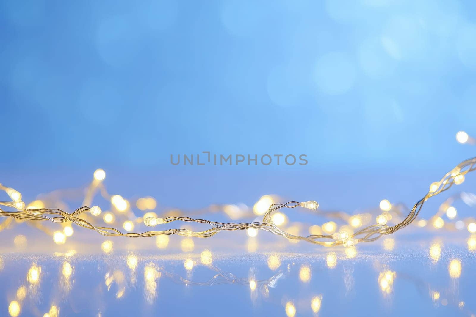 Delicate fairy lights twinkle softly against a clean, solid background, creating a calm and inviting atmosphere perfect for an evening gathering or celebration.