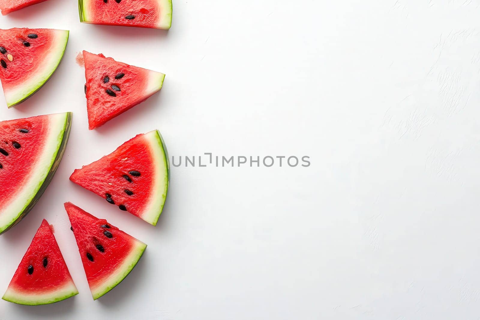 Juicy watermelon slices are neatly arranged on a solid white surface, showcasing their vibrant red flesh and green rind, perfect for a refreshing snack during warm summer days.