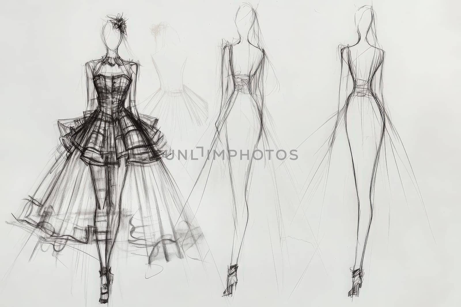 A sketch displays three elegant fashion designs, showcasing clean lines and minimalist aesthetics.