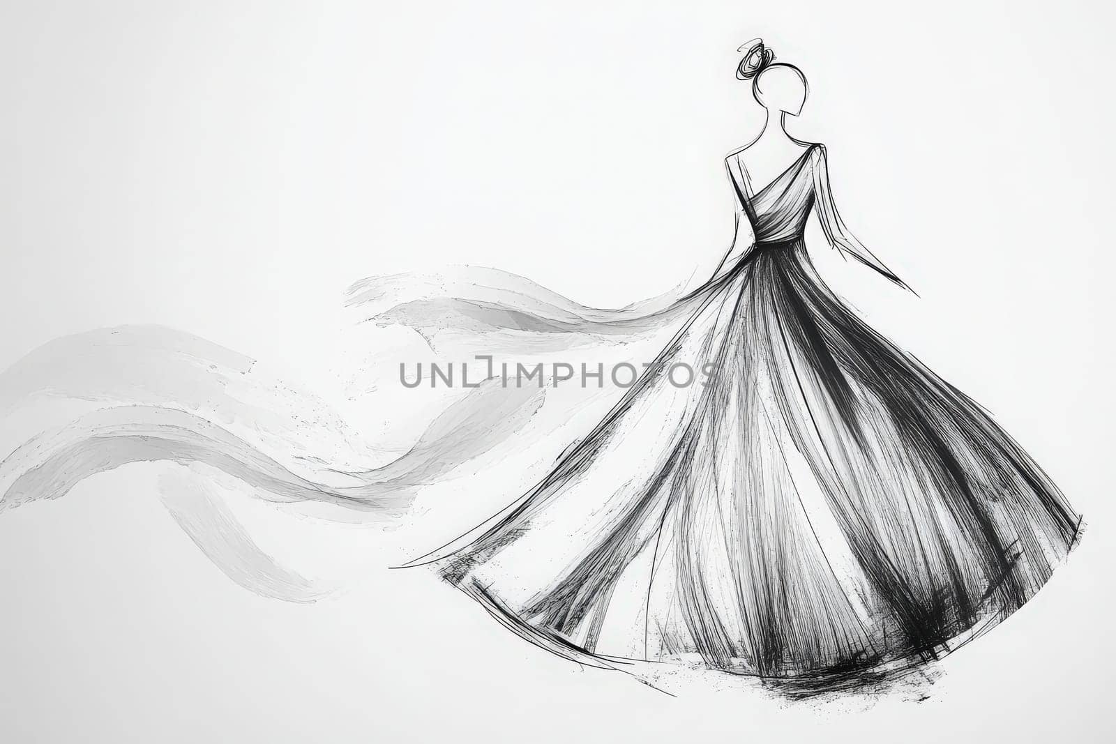 The sketch features a sleek, minimalist fashion design of a stunning gown. Flowing lines capture movement, creating a sense of elegance and grace in the gowns silhouette.