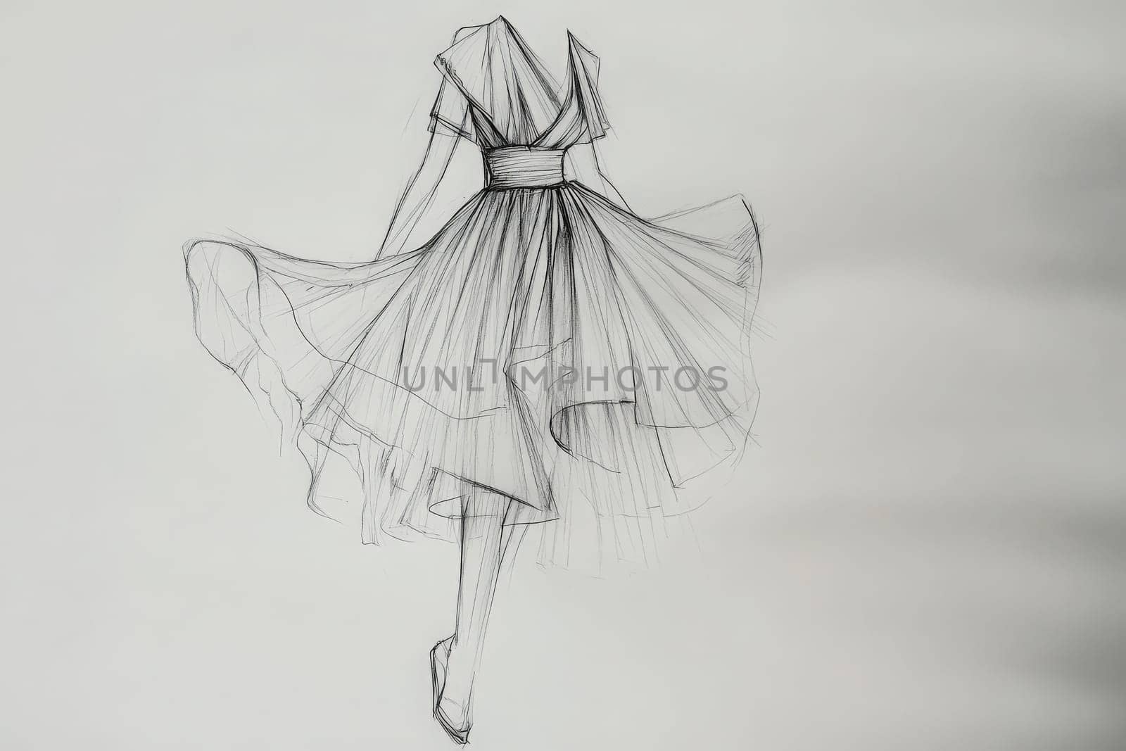A detailed sketch of a fashionable and elegant dress, highlighting minimalist design elements and flowing fabric.