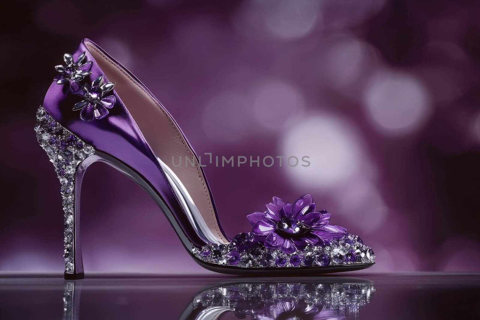 A sophisticated evening shoe featuring vibrant purple satin, adorned with floral decorations and sparkling accents. It rests gracefully on a clean, smooth surface that enhances its luxurious design.