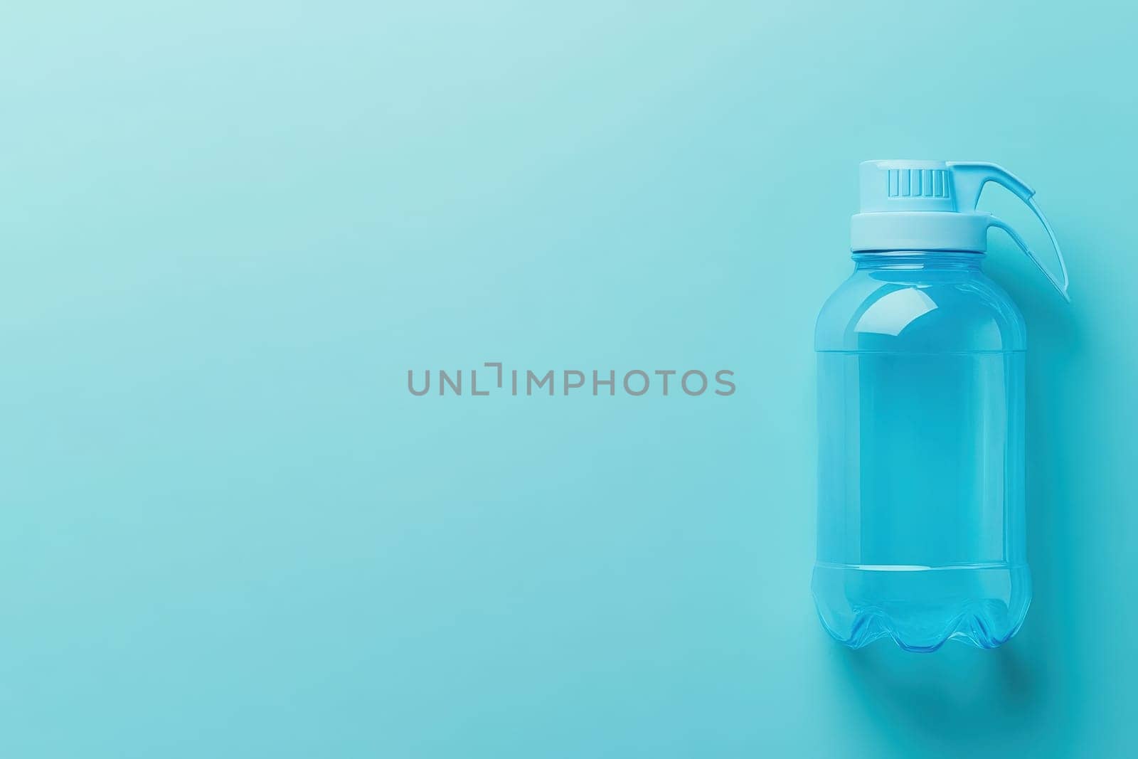 A clear sports drink bottle filled with bright blue liquid sits on a solid turquoise background. This setting emphasizes hydration suitable for sports activities and workouts.