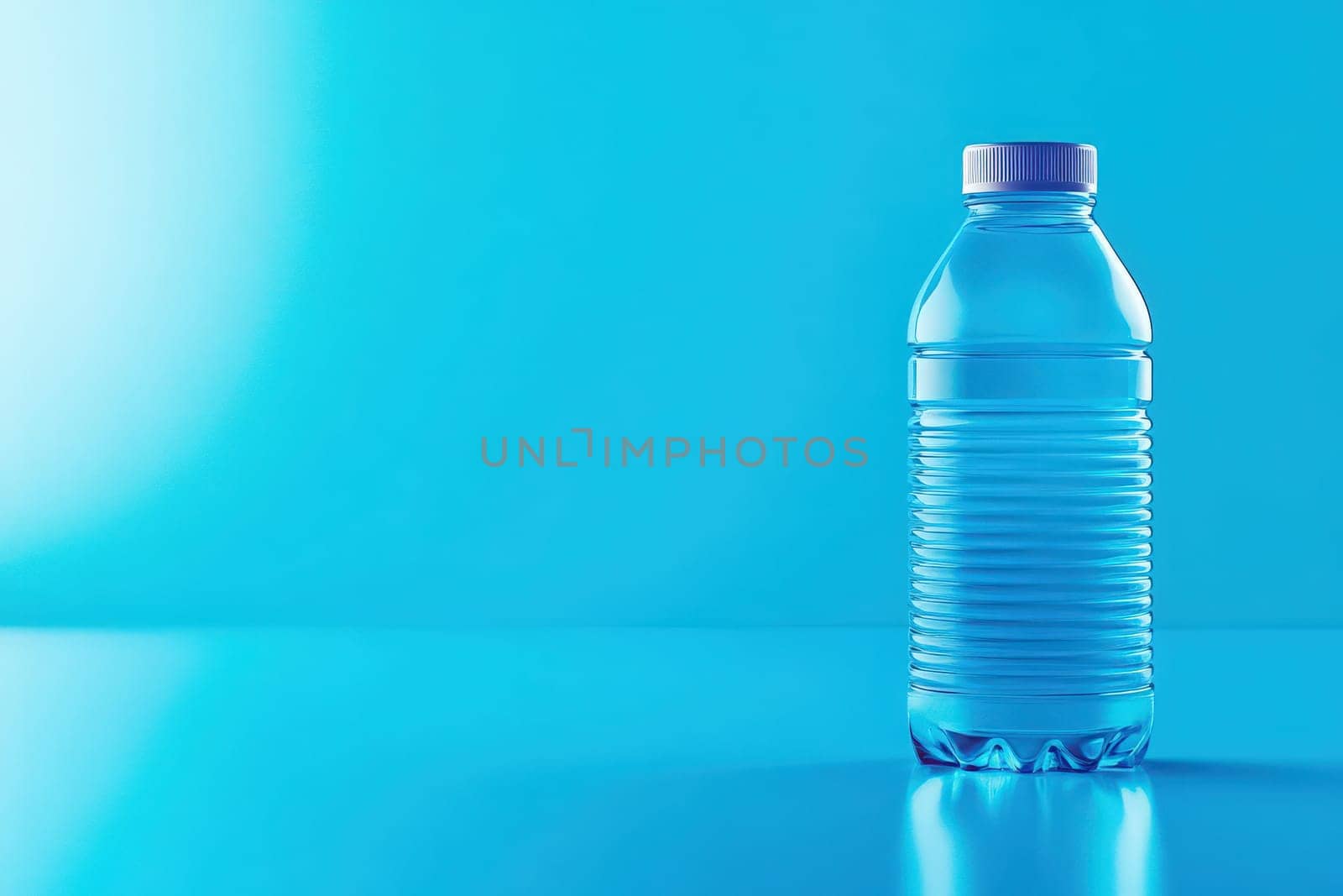 A transparent sports drink bottle stands upright on a smooth, vibrant blue surface, showcasing its refreshing contents ideal for hydration during physical activities and intense workouts.