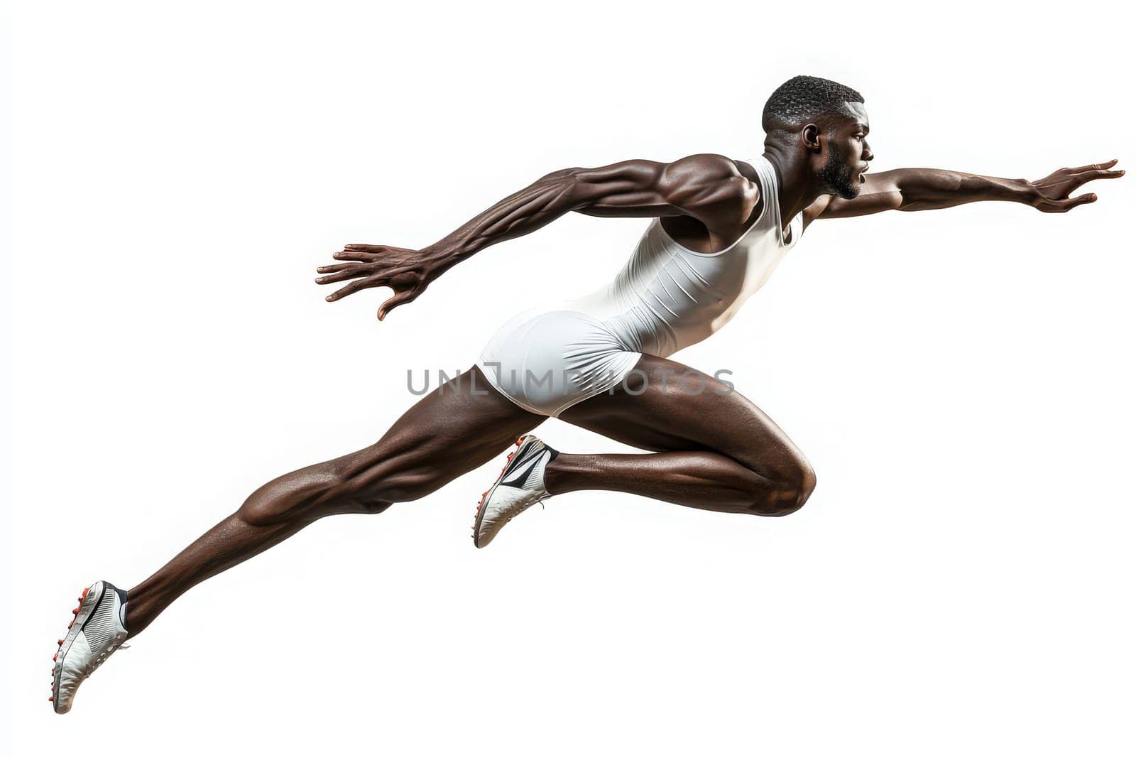 The sprinter showcases intense focus and athleticism, lunging forward with powerful strides. His muscles are defined as he pushes the limits of speed and performance in this clean setting.
