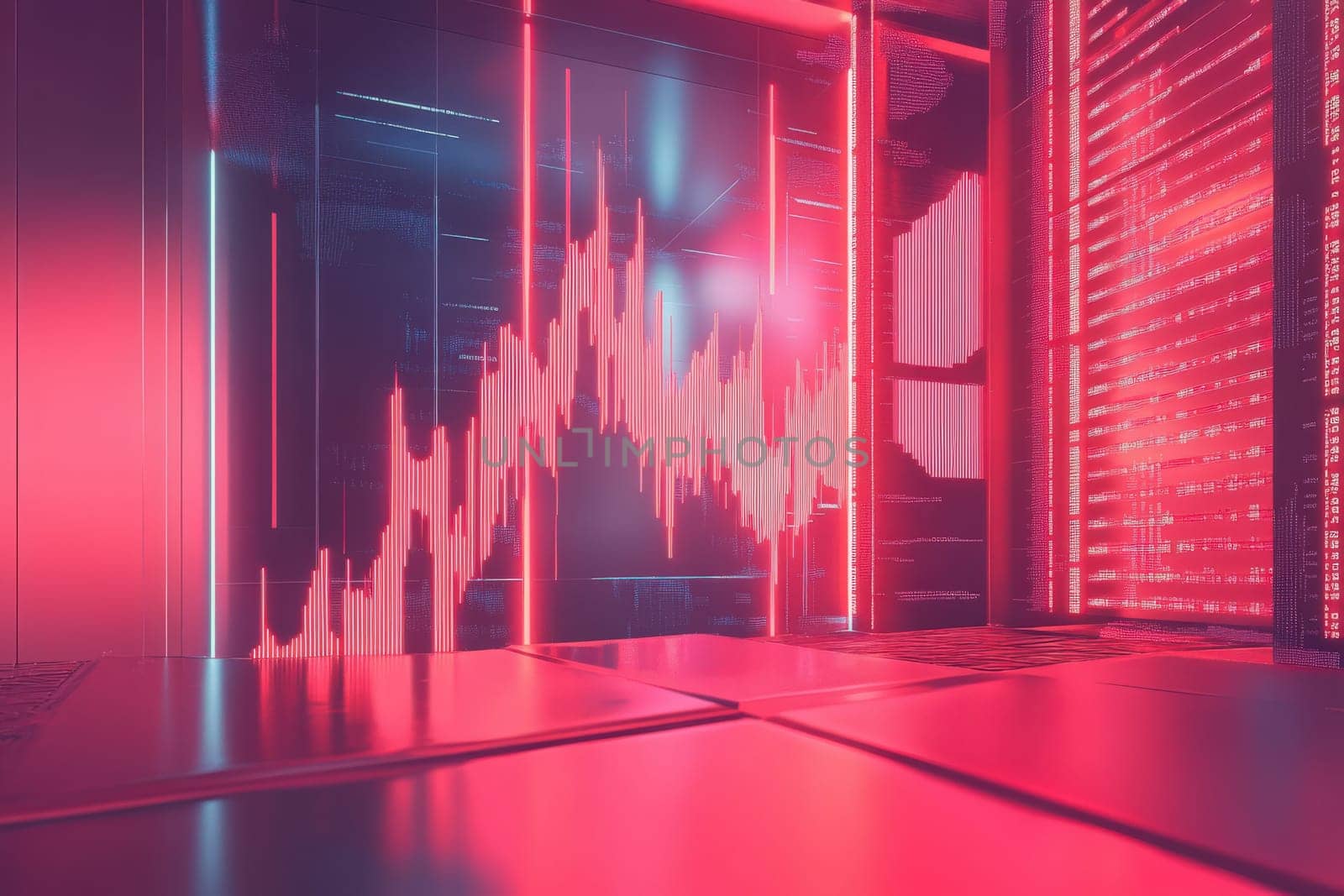 Financial turmoil is represented through a sleek, minimalist design featuring glowing digital graphs and vibrant lighting. The ambiance reflects the intense nature of the stock market environment.