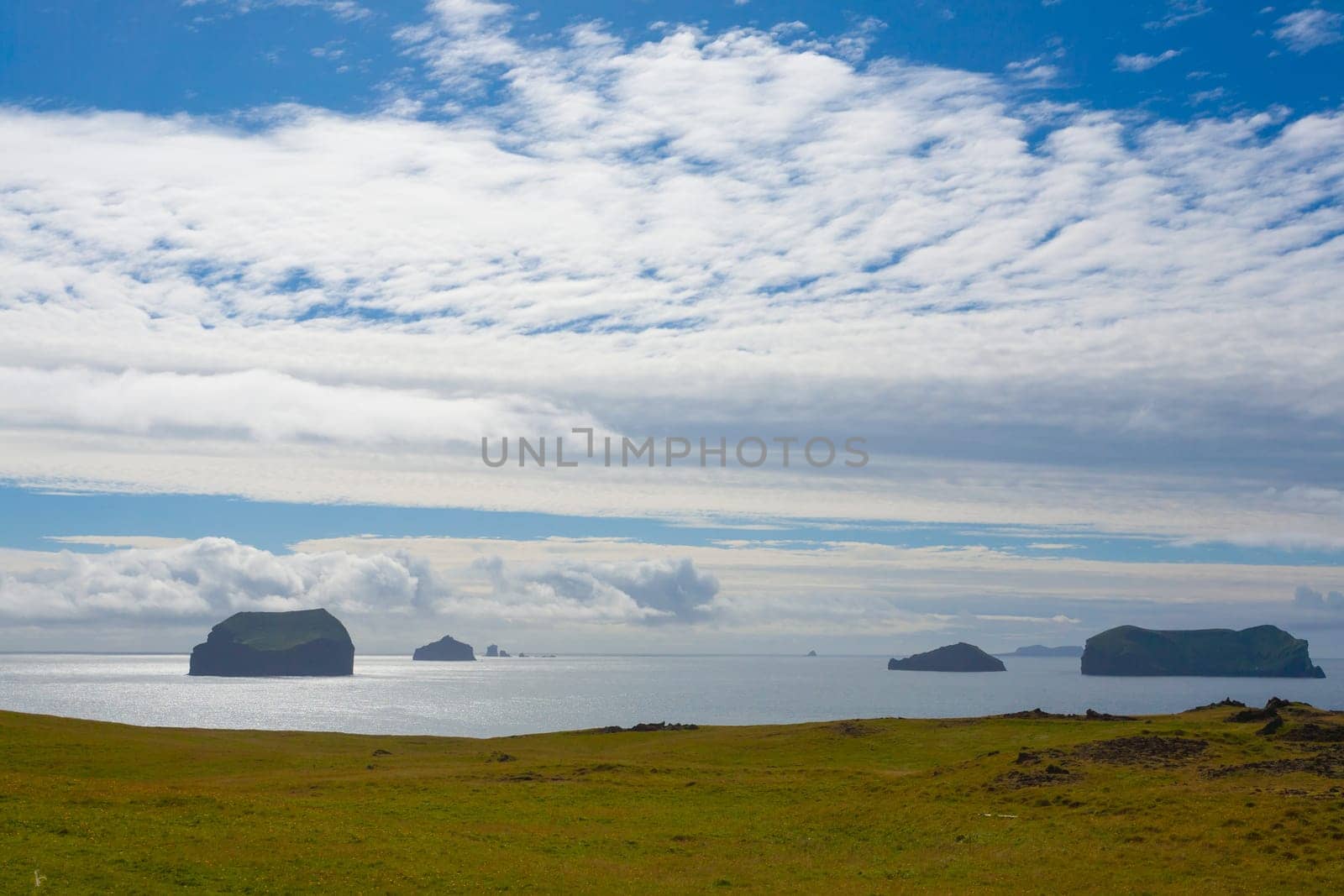 Westman Islands beach view with archipelago island in background. Iceland landscape.Vestmannaeyjar