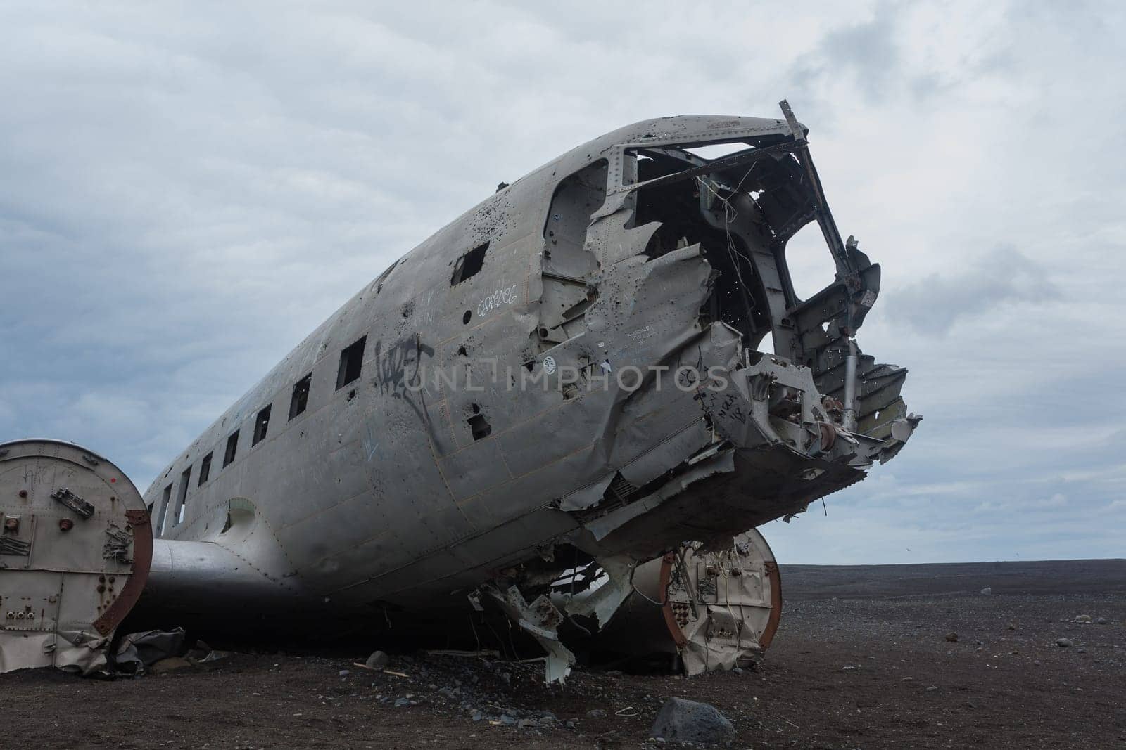 Solheimasandur plane wreck view. South Iceland landmark. Abandoned plane on beach