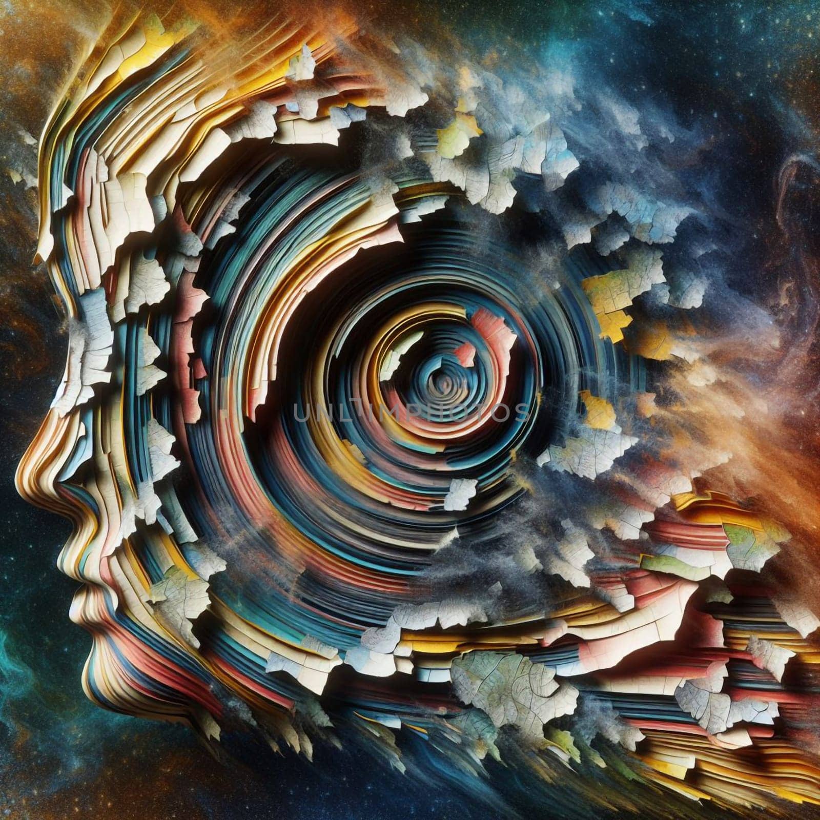 Abstract image of a human face with a swirling pattern, representing the complexity of human thought and the depths of the mind. A high-quality photo.