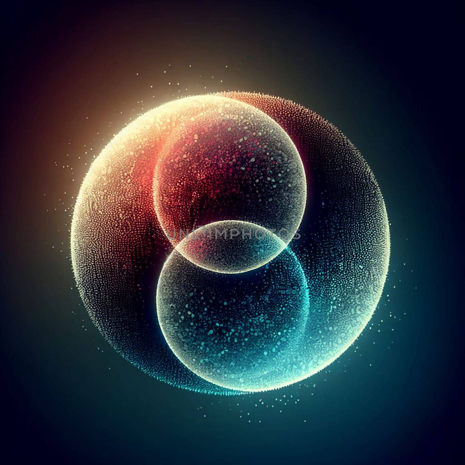 Abstract image of two glowing orbs, one red and one blue, connected in the center. The orbs are made up of thousands of tiny particles, creating a sense of depth and complexity. A high-quality photo.