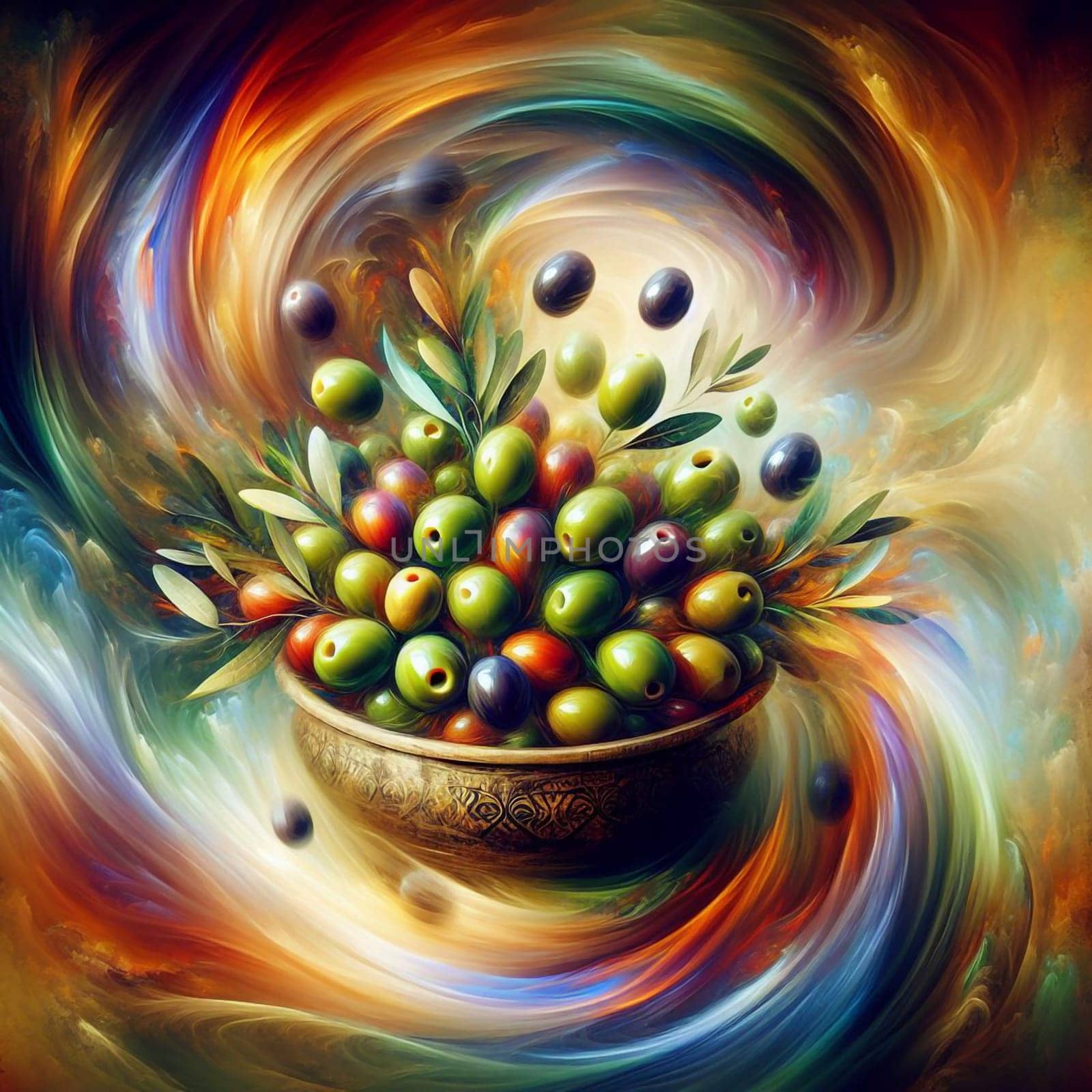 A bowl of olives with green leaves, surrounded by swirling, colorful brushstrokes. The olives are vibrant and colorful, creating a sense of freshness and abundance. A high-quality photo.