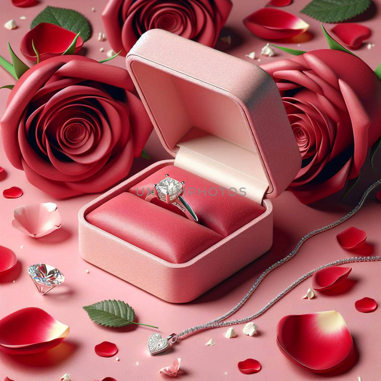 A close-up shot of a diamond ring in a velvet box, surrounded by red roses and rose petals. The scene is romantic and elegant, perfect for a special occasion. A high-quality photo.