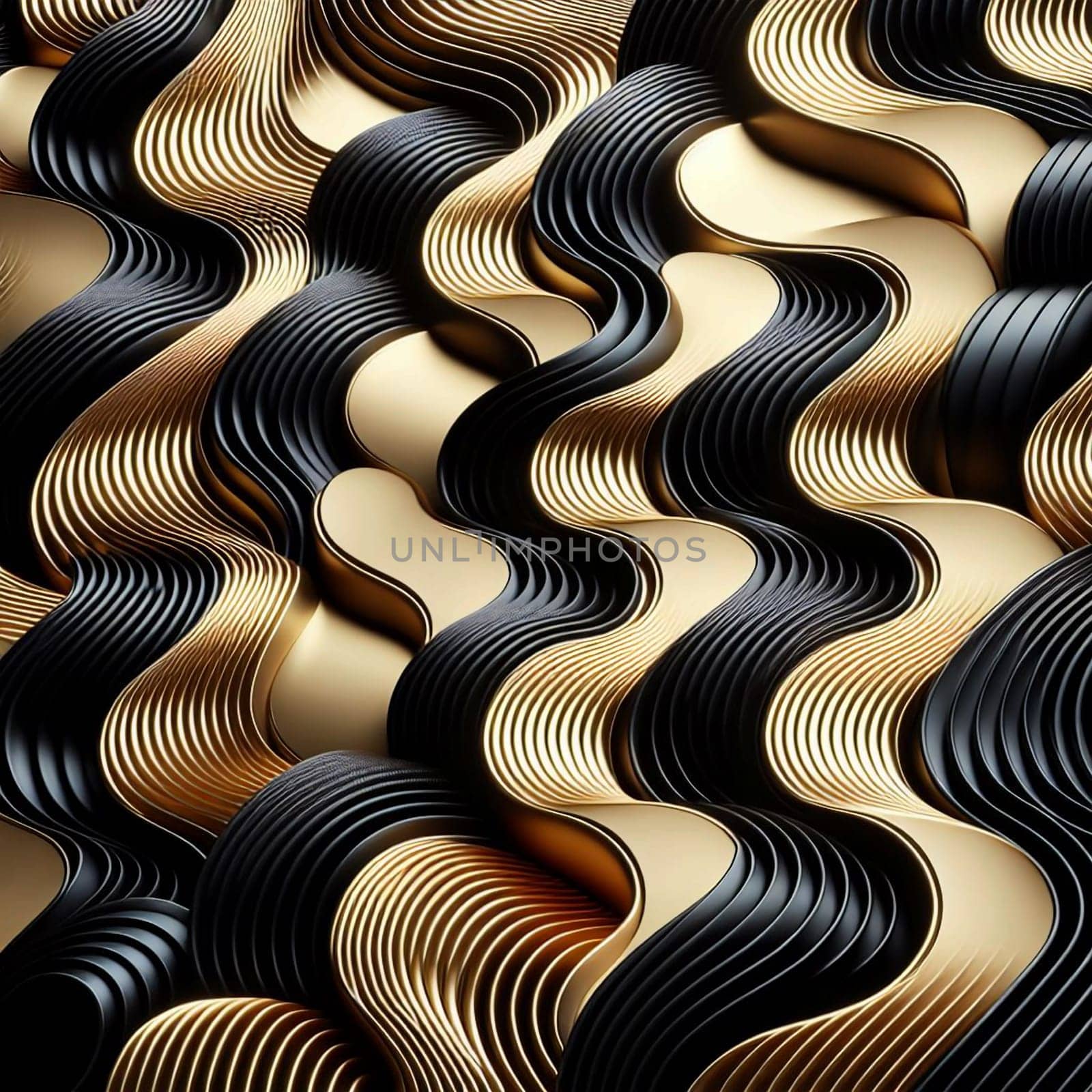 Abstract image of black and gold waves. The waves are flowing and dynamic, creating a sense of movement and energy. The image is minimalist and geometric. A high-quality photo.