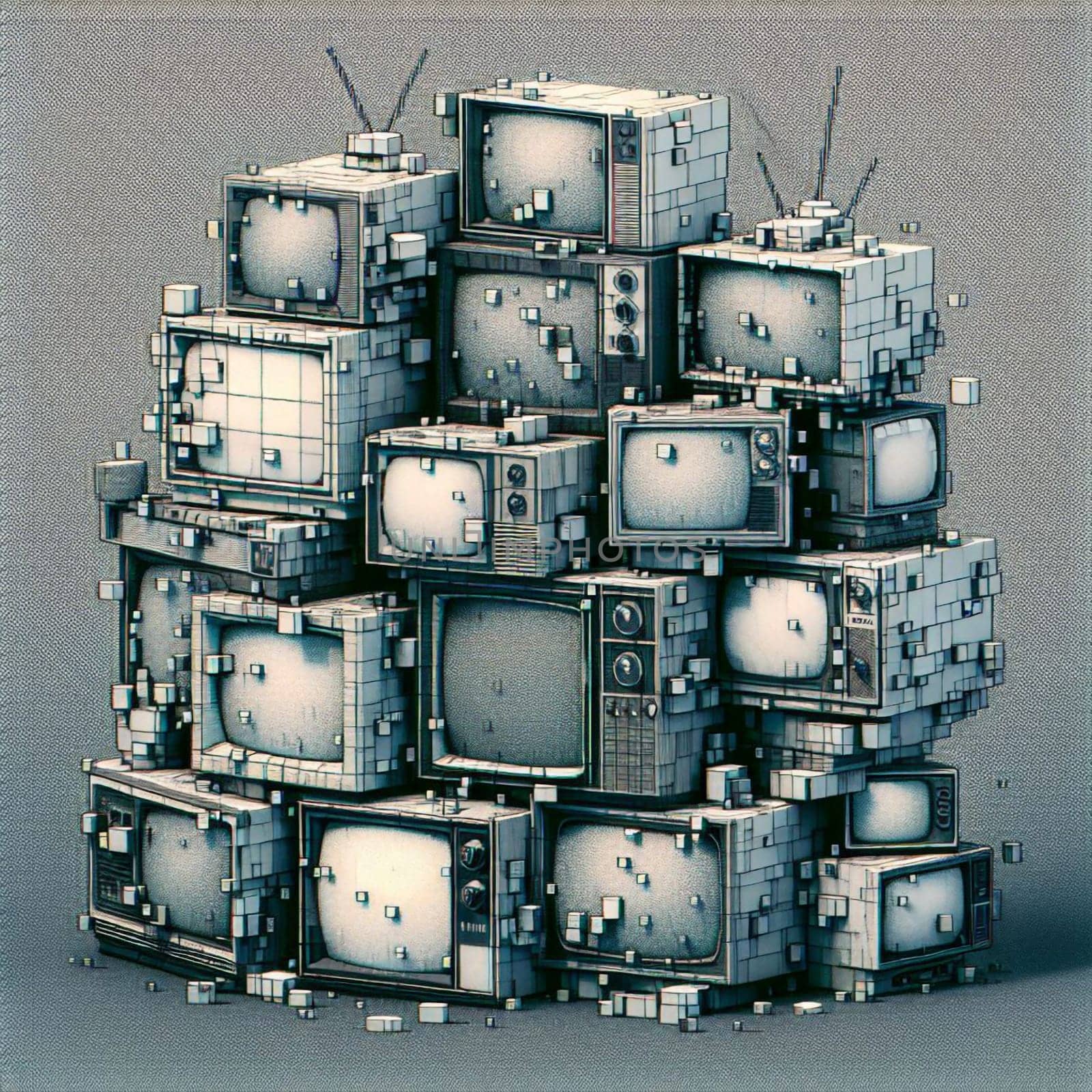 A stack of vintage televisions arranged in a cubist style, creating a unique and eye-catching composition. The televisions are in black and white, with a pixelated effect. A high-quality photo.