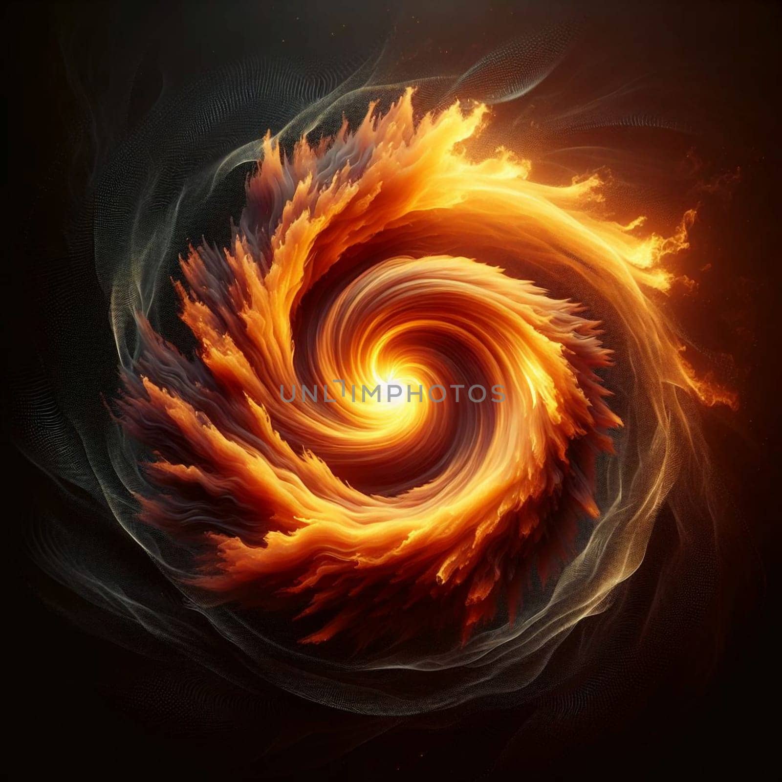 Abstract image of a swirling vortex of light and energy. The vortex is composed of delicate, feathery shapes, with a bright, golden light at the center. A high-quality photo.