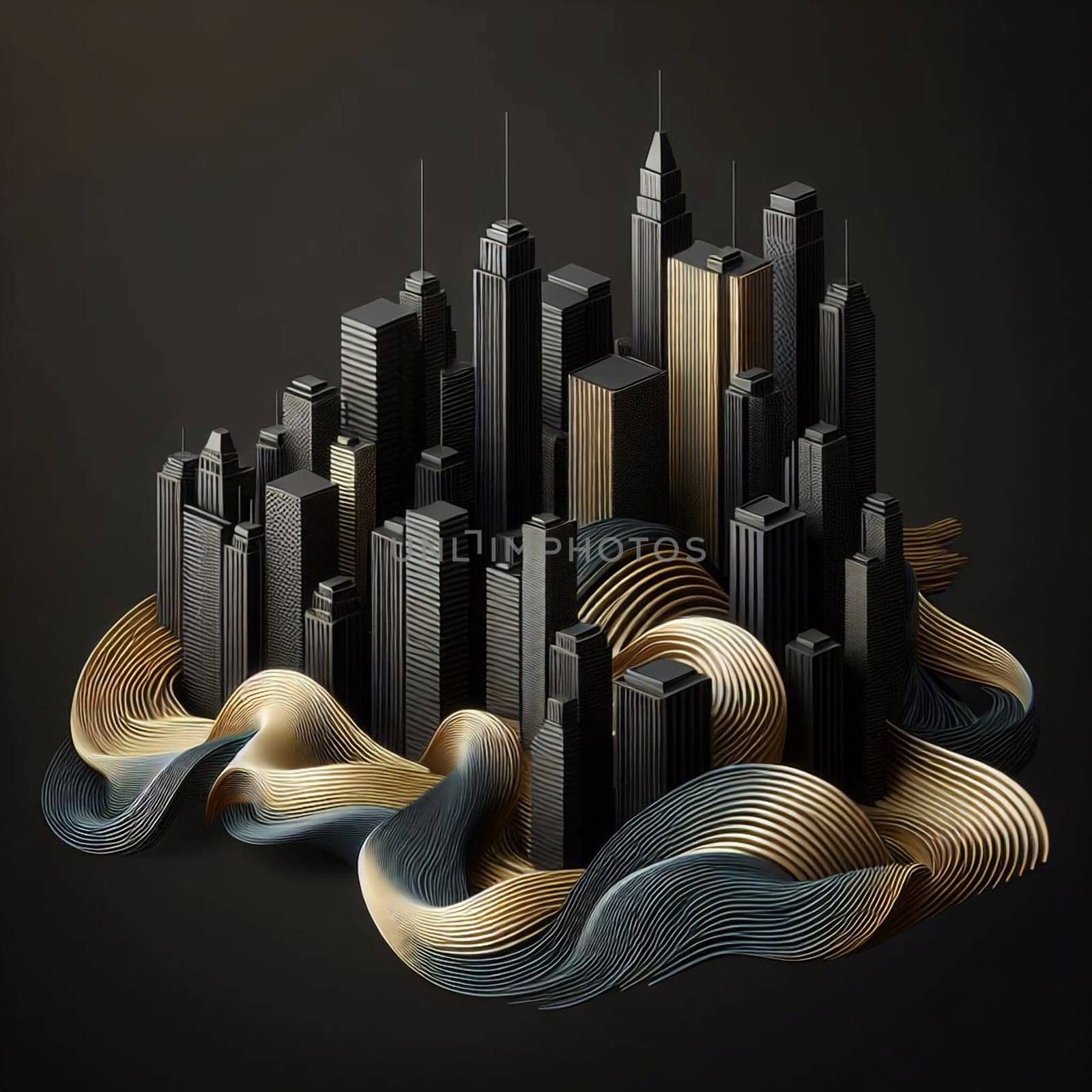 A miniature city made of black and gold buildings sits on a platform of swirling black and gold ribbons. The scene is minimalist and geometric. A high-quality photo.
