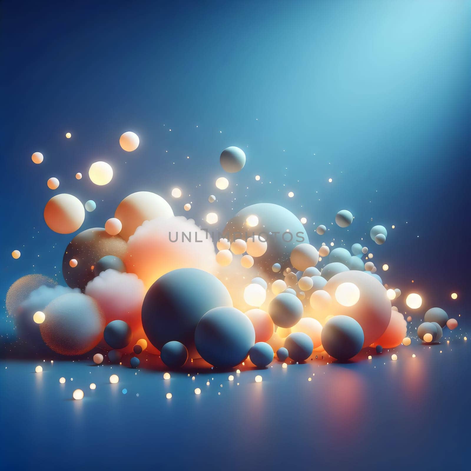 Abstract 3D image of colorful spheres floating and bouncing on a blue background. The scene is dynamic and playful, representing the energy and joy of creativity. A high-quality photo.