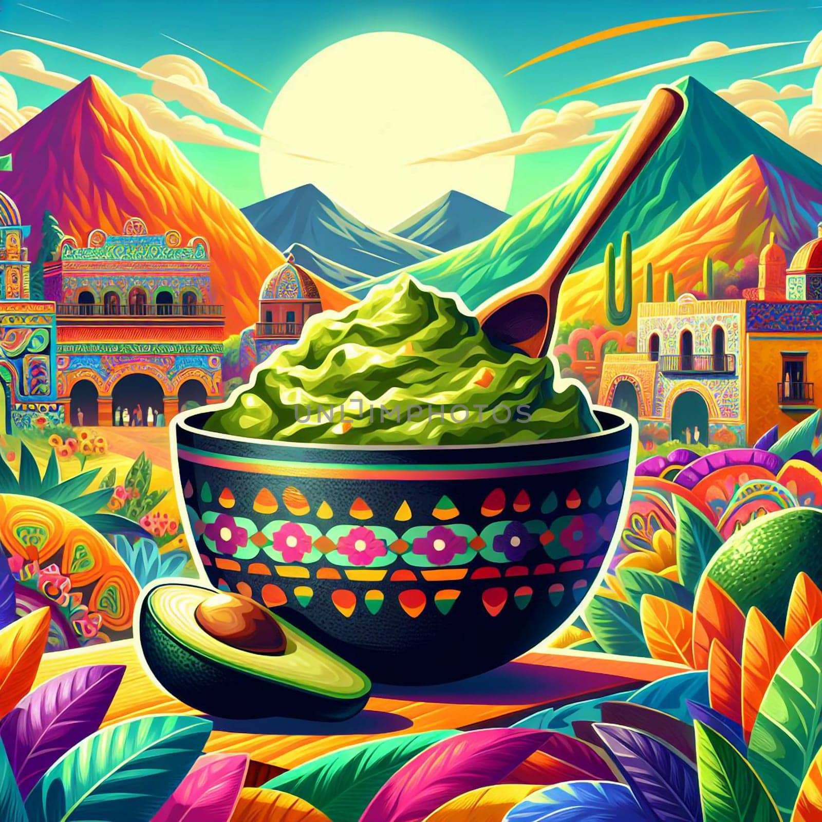 A bowl of guacamole with a wooden spoon, set against a colorful background of a Mexican landscape. The scene is vibrant and festive, with a sense of culture and tradition. A high-quality photo.
