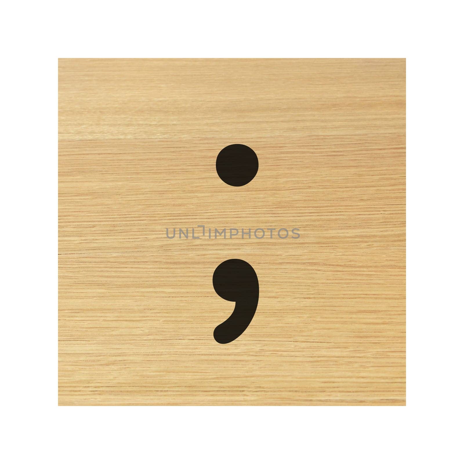 A semicolon sign wood block and on white with clipping path
