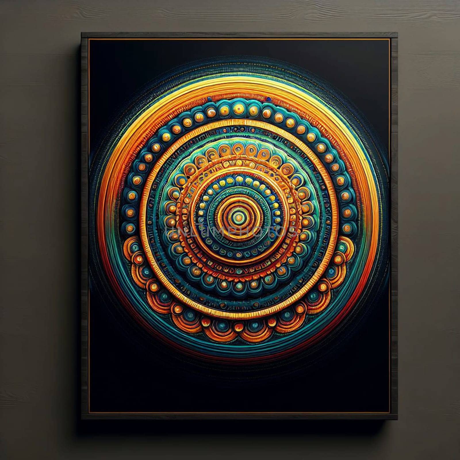 A framed, abstract artwork depicting a circular pattern with intricate details. The artwork is a mix of blue, green, and yellow colors, creating a visually stimulating piece. A high-quality photo.