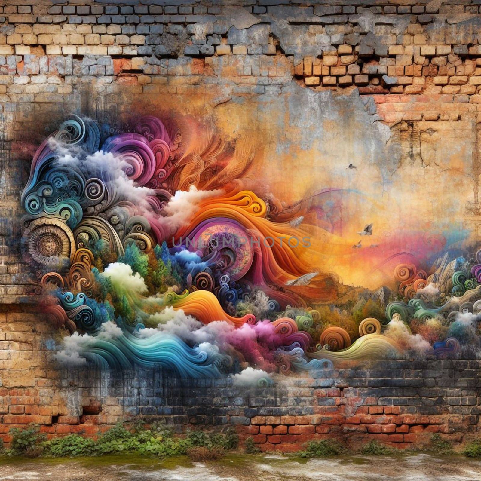 A colorful mural painted on a brick wall. The mural depicts a swirling, abstract landscape of clouds, mountains, and trees. The colors are vibrant and expressive. A high-quality photo.