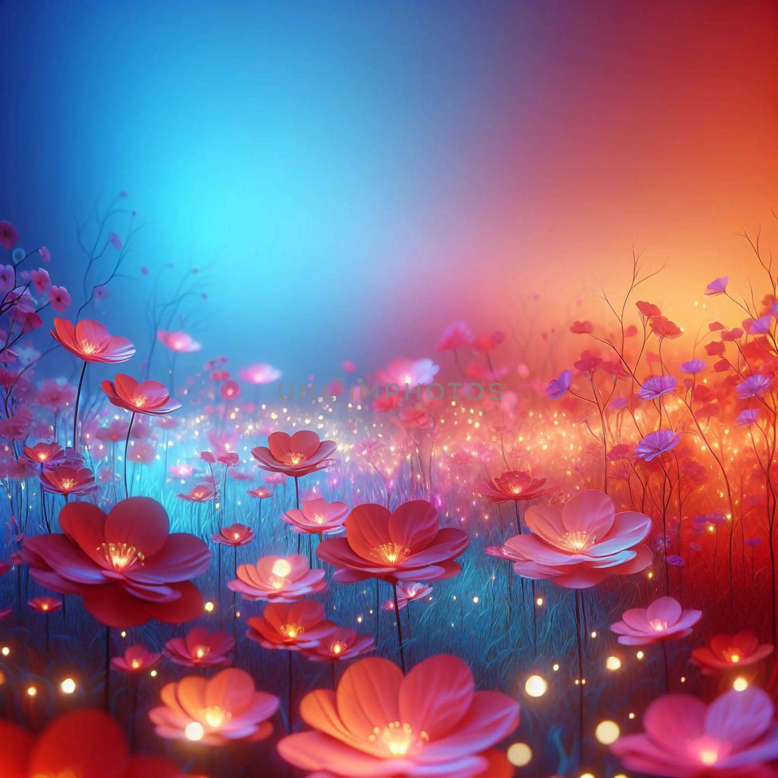 Field of pink, glowing flowers against a gradient background of blue and orange. The scene is ethereal and dreamy, with the flowers illuminating the surrounding landscape. A high-quality photo.