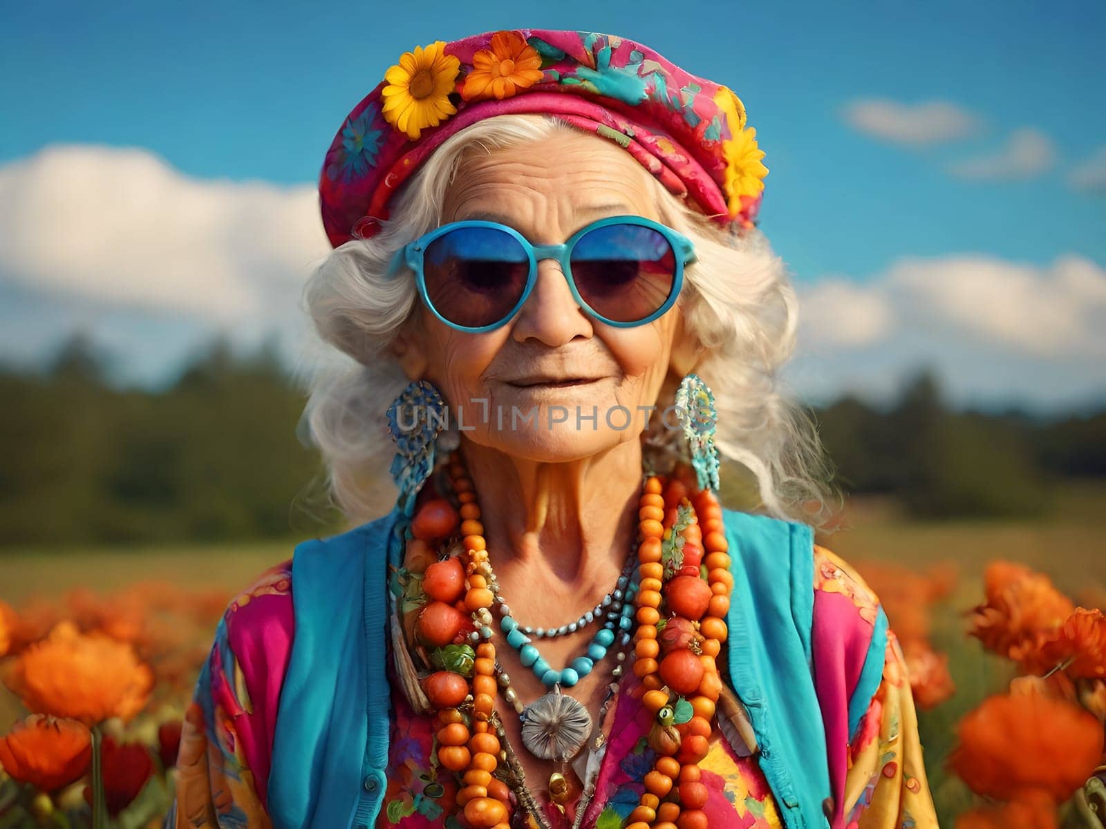 Funny happy old woman with sunglasses
