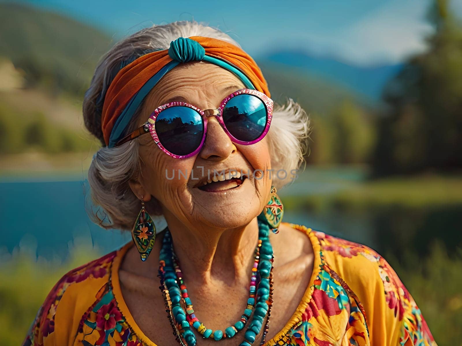 Funny happy old woman with sunglasses