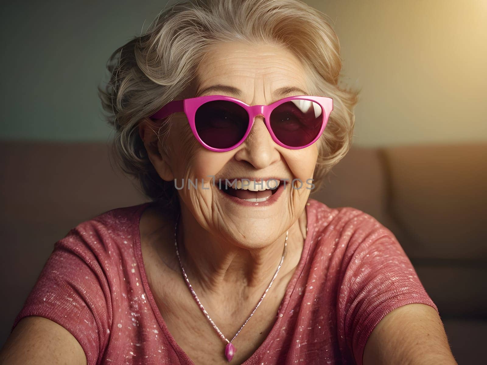 Funny happy old woman with sunglasses