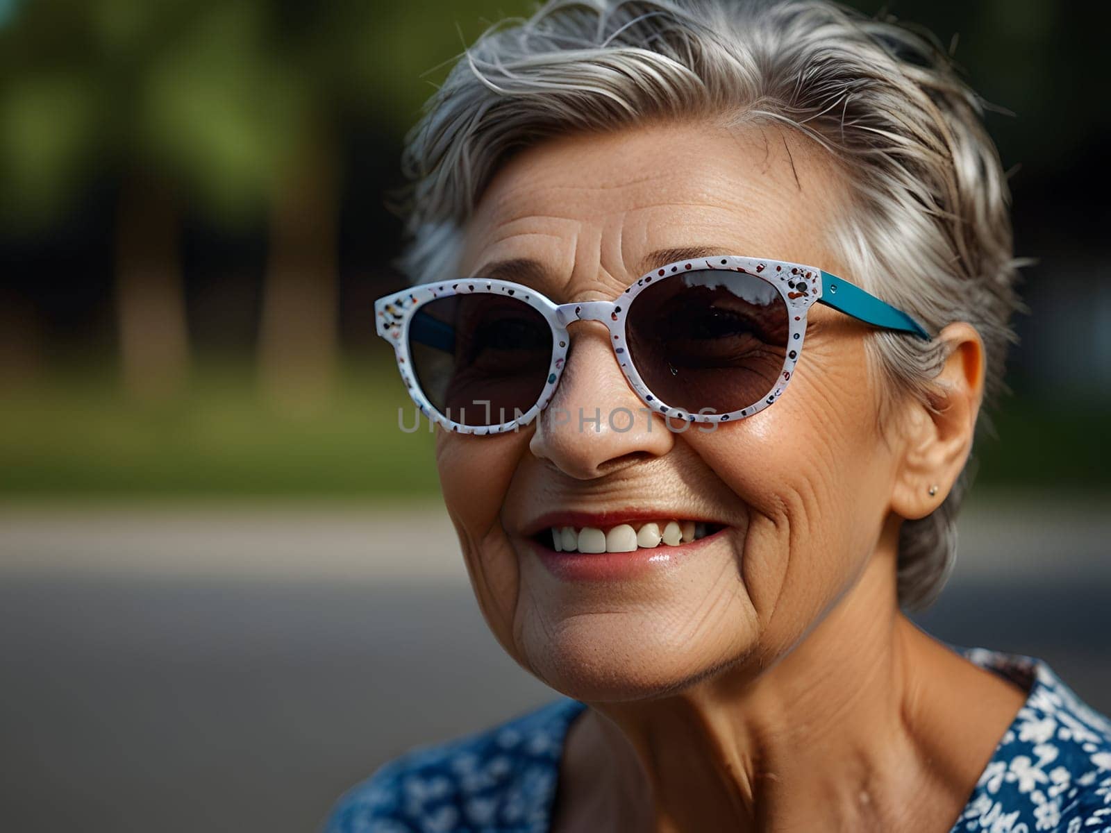 Funny happy old woman with sunglasses