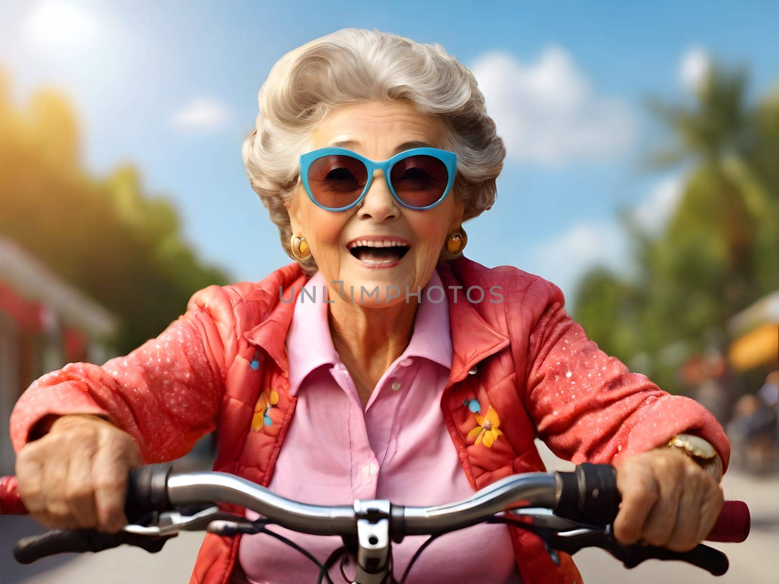 Funny happy grandmother riding bike