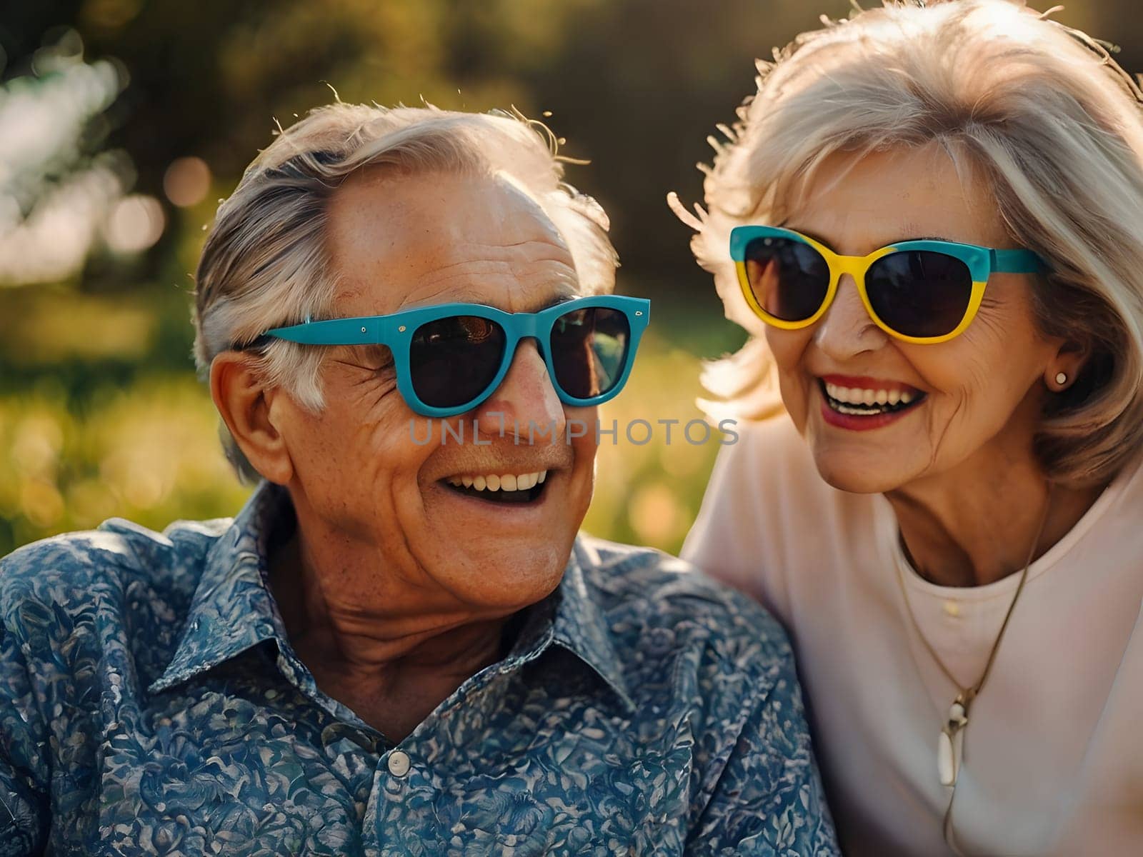 Funny happy elderly couple outdoors