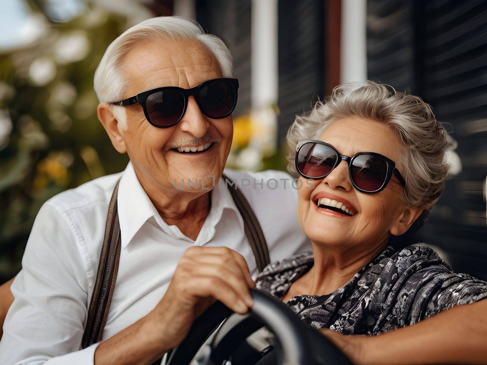 Funny happy elderly couple outdoors